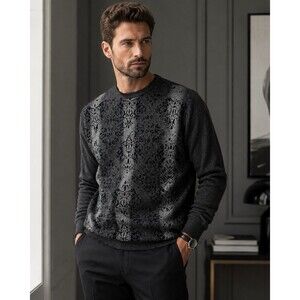 Nanibon Cashmere Blend Sweater Men’s XL 54 Gray Flocked Damask Made Italy